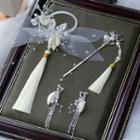 Set: Faux Pearl Tasseled Hair Stick + Rhinestone Drop Earring + Headpiece Set Of 3 - 1 Pair Drop Earrings & 1 Pc Headpiece & 1 Pc Hair Stick - One Size