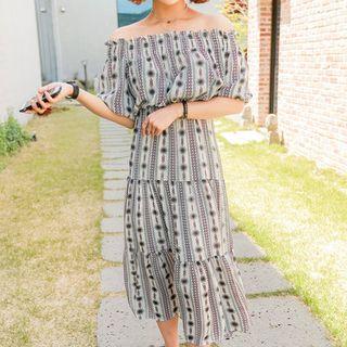 Off-shoulder Pattern Long Dress With Belt