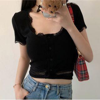 Lace Trim U-neck Cropped Top