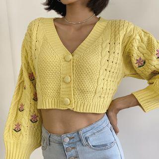 Cropped Floral Embroidered Cable Knit Cardigan Yellow - One Size