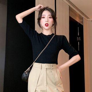 Short-sleeve Plain Top Top - Black - One Size