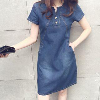 Short-sleeve Henley Denim Mini A-line Dress