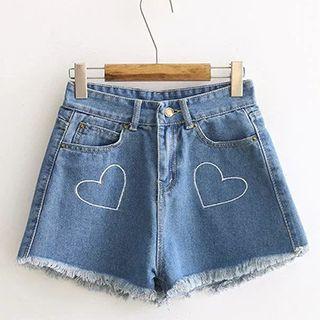 Heart Embroidered Fray Hem Denim Shorts