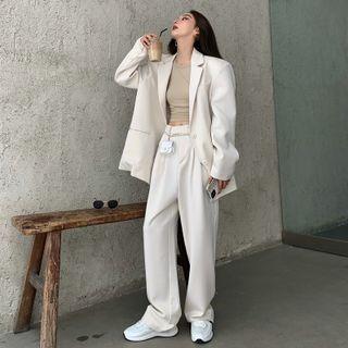 Long-sleeve Plain Blazer / High-waist Plain Wide-leg Pants