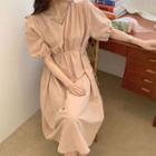 Puff-sleeve V-neck A-line Midi Dress Pink - One Size