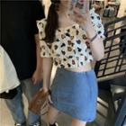 Short-sleeve Square-neck Heart Print Cropped Top Almond - One Size