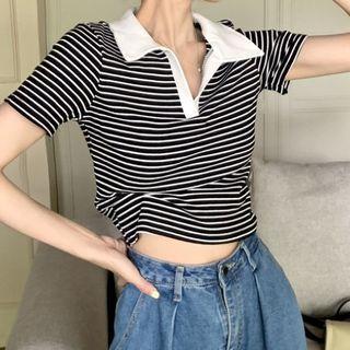 Short-sleeve V-neck Striped Polo Shirt