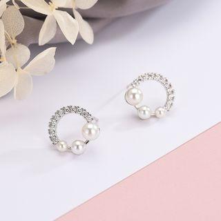 Faux Pearl Rhinestone Stud Earring 1 Pair - Es805 - Platinum - One Size