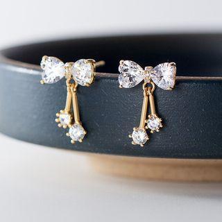 Rhinestone Bow Earrings 1 Pair - S925 Silver - One Size