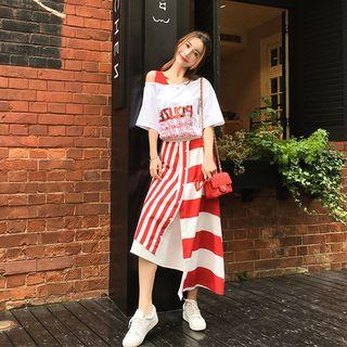 Set: Elbow-sleeve Sequined T-shirt + Striped Midi A-line Skirt