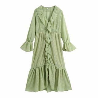 Bell-sleeve Dotted Ruffle Hem Midi A-line Dress