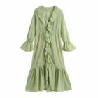 Bell-sleeve Dotted Ruffle Hem Midi A-line Dress