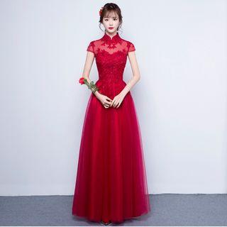 Stand-collar Cap Sleeve Evening Dress