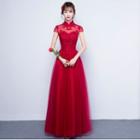 Stand-collar Cap Sleeve Evening Dress