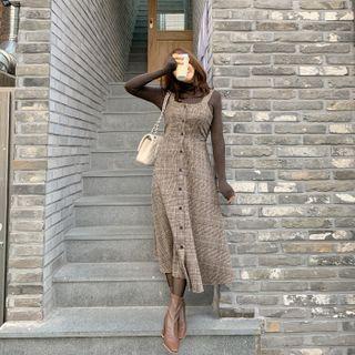 Button-up Plaid Long Overall Dress