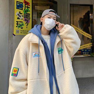 Mock Two-piece Embroidered Hooded Fleece Zip-up Jacket