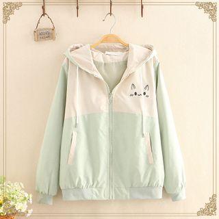 Cat Print Hooded Color-block Jacket