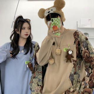 Couple Matching Bear Print Panel Sweatshirt