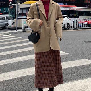 Plain Long-sleeve T-shirt / Single-breasted Blazer / Plaid Midi A-line Skirt