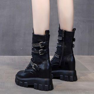 Belted Platform Hidden-wedge Lace-up Short Boots