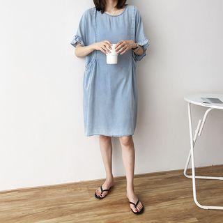 Pocket Detail Short-sleeve Shift Dress Blue - One Size