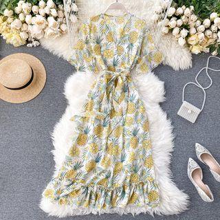 Short-sleeve Pineapple Print Midi Sundress