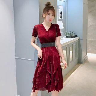 Glitter Rhinestone Short-sleeve A-line Dress