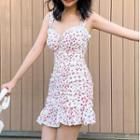 Spaghetti-strap Floral Ruffle Hem Mini Sheath Dress