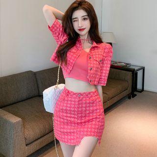 Asymmetrical Camisole Top / Houndstooth Cropped Jacket / Mini Pencil Skirt / Set