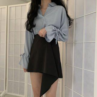 Long-sleeve Tie Accent Blouse / High-waist Asymmetric A-line Skirt