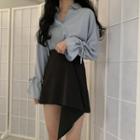 Long-sleeve Tie Accent Blouse / High-waist Asymmetric A-line Skirt