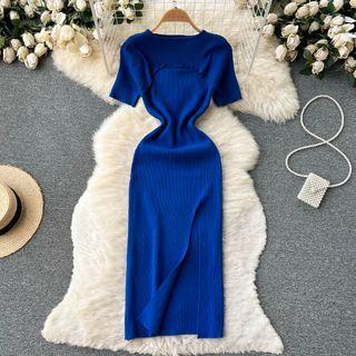 Short-sleeve Round-neck Plain Cutout Slit Knit Dress