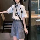 Flower Print Short-sleeve Shirt / High-waist Shorts
