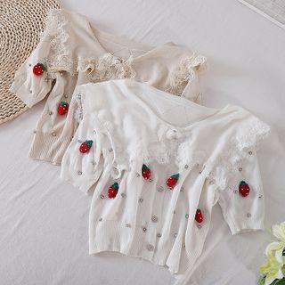 Peter Pan Collar Lace Trim Strawberry-accent Knit Top