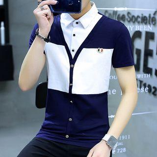 Short-sleeve Mock Two Piece Color Block Shirt