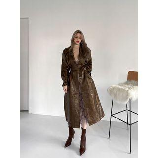 Balloon-sleeve Faux-leather Coat With Belt Brown - One Size