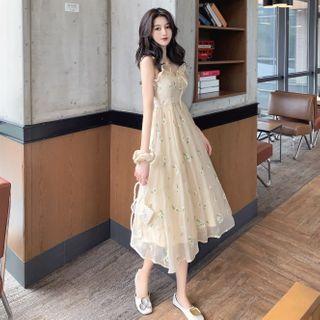 Set: Spaghetti Strap Mesh A-line Midi Dress + Hair Tie