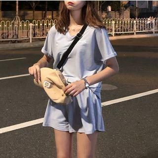 Set: V-neck Letter Embroidered Top + Elasticized Waist Shorts