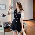 Set: Bell-sleeve Double-breasted Mini A-line Dress + Shorts