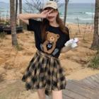 Short-sleeve Bear Print T-shirt / Plaid Mini A-line Skirt / Set