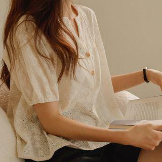 Shirred A-line Eyelet-lace Blouse