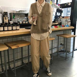 V-neck Knit Vest / Plain Shirt / Harem Pants