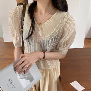 Collared Elbow-sleeve Blouse / Midi A-line Skirt