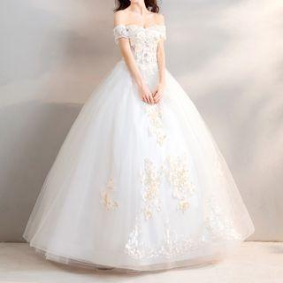 Flower Applique Embroidered Off-shoulder Wedding Ball Gown