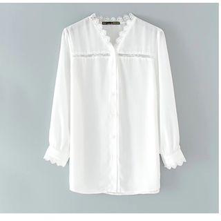 V Neck Lace Panel Long Sleeve Blouse