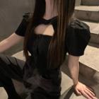 Cut-out Puff-sleeve Cropped Blouse Black - One Size