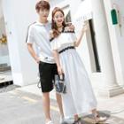 Couple Matching Off-shoulder Short-sleeve Midi Dress / Plain Shorts