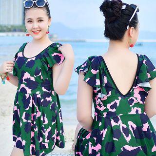 Set: Floral Print Frilled Swimdress Set + Swim Bottom