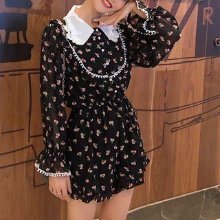 Contrast Collar Floral Long-sleeve Playsuit Black - One Size