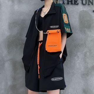 Set: Color-block Short-sleeve Jacket + Wide Leg Shorts